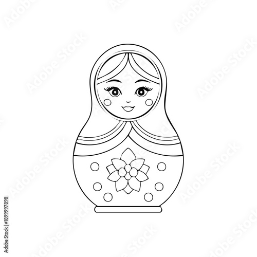 Outline of a traditional nesting doll with a floral design and smiling face