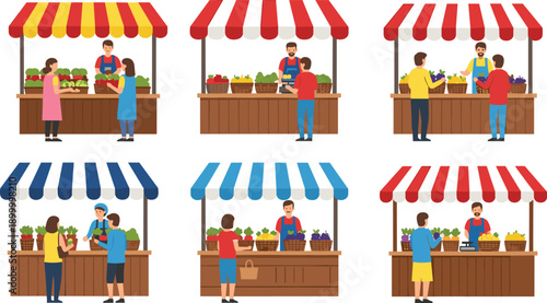 Farmers market stall scene, fruit vegetable display, vendor customer interaction, striped canopy setup, vector sketch, flat cad drawing illustration