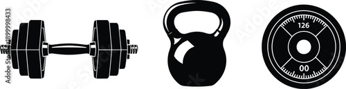 Fitness equipment icons set, dumbbell kettlebell and weight plate silhouettes, gym strength training symbols, black and white vector illustration