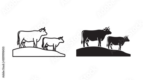 Cow and calf vector illustrations, black and white line art, farm animals or livestock for icon, logo or graphic design, isolated on White Background
