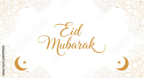 Golden Eid Mubarak greeting with crescent moons and stars on white.