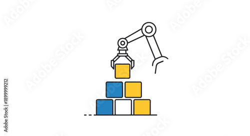 Robotic arm stacking colorful blocks.