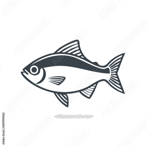 Simple line art illustration of a stylized fish with dark gray markings