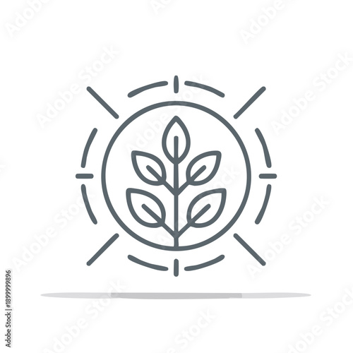 Simple line art icon of a growing plant inside a sun symbol representing natural growth and new beginnings