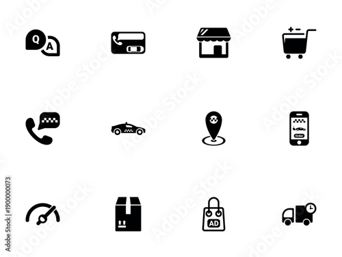Collection of Black Icons for E commerce and Taxi Service Management