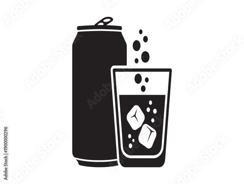 Minimalist black and white soda can and glass illustration