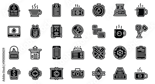 Time and productivity icons with clocks, calendars, and office supplies for planning, scheduling, and time management.