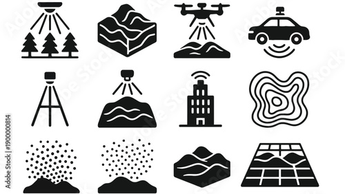 A collection of black and white icons representing various technologies and landscapes
