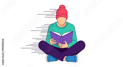 Dynamic Fast Reading Concept. Person absorbing information quickly from a book. Learning speed and educational progress vector illustration.