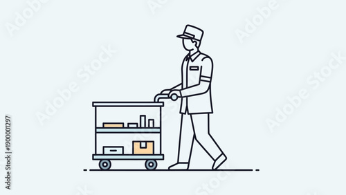 Delivery Man Pushing Cart with Packages.