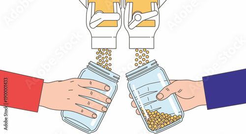 Zero Waste Bulk Shopping: Hands Refilling Glass Jars with Grains from Dispensers. Sustainable Grocery Retail Vector Illustration.