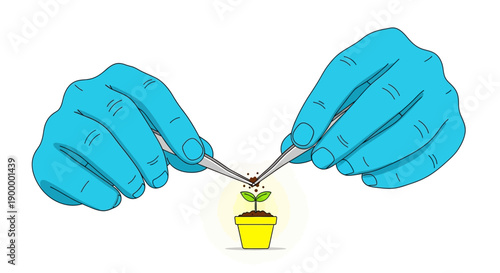 Scientific Care: Gloved Hands Using Tweezers to Nurture a Tiny Seedling. Biotechnology, Agricultural Research, and Precision Growing Concept.