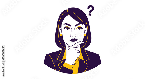 Thinking Business Woman Vector Illustration. Professional female executive pondering a decision, doubt, or challenging question mark concept.