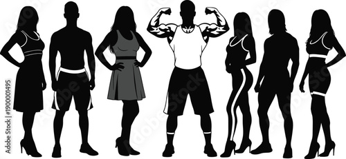 Group of athletic men and women silhouettes standing together, fitness lifestyle concept, muscular body shapes, black and white vector illustration