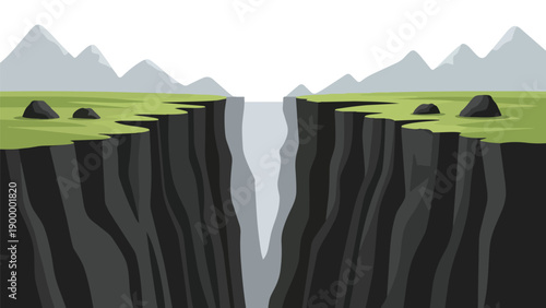 A profound geological chasm dramatically divides a verdant landscape with rugged mountains beyond showcasing the immense power of nature's formations