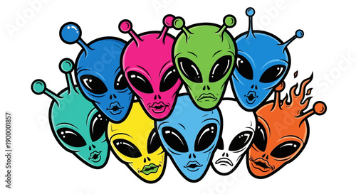 Colorful Cartoon Alien Faces.