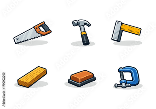 Cartoon hand tools collection: saw, hammer, square, wood, brick, clamp
