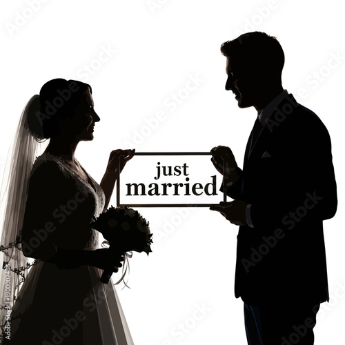 Happy newlywed couple celebrating marriage with just married sign