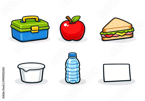 Colorful cartoon lunch items including apple, sandwich, and water bottle