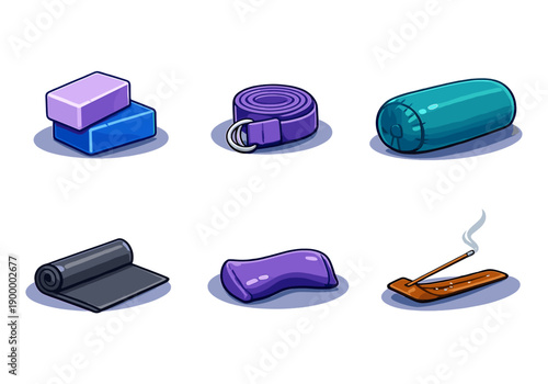 Yoga and meditation essentials: blocks, strap, bolster, mat, pillow, incense burner