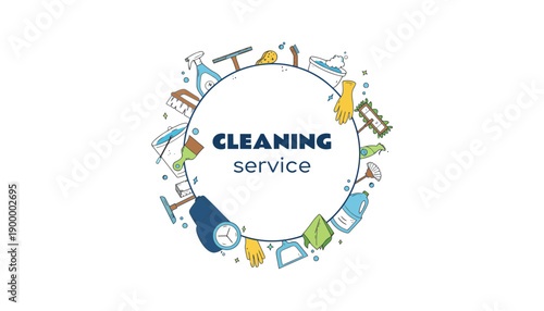 A colorful illustration of a cleaning service logo with various cleaning tools