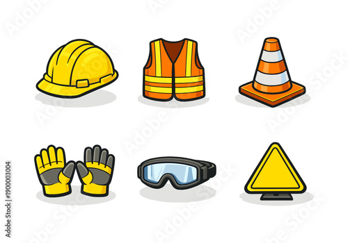 Safety gear icons: helmet, vest, cone, gloves, goggles, sign symbols