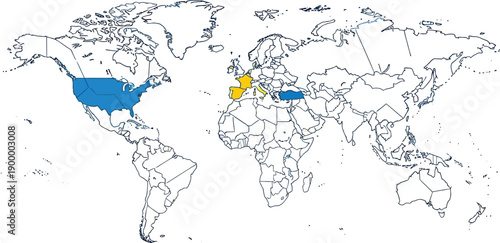 World map highlights the United States in blue while key European and Asian countries display yellow and dark blue markings.