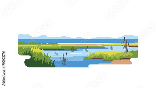 Serene wetland ecosystem illustration with vibrant marsh vegetation and calm waters