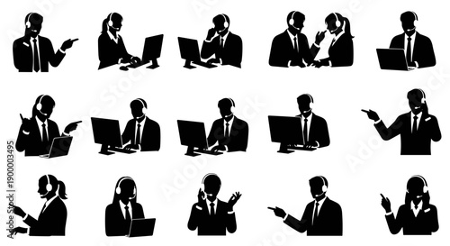 Collection of Silhouettes Representing Customer Service, Technical Support, and Business Professionals Interacting with Technology and Providing Assistance