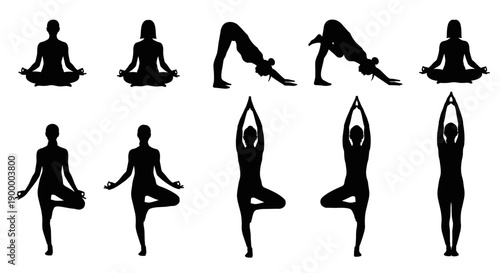 Collection of yoga poses silhouettes representing a variety of postures for meditation and physical well-being for a healthy lifestyle