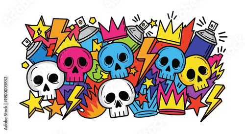 Colorful Cartoon Skulls Illustration.