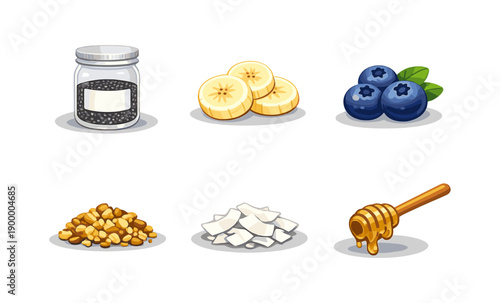 Chia seeds, sliced banana, blueberries, chopped nuts, coconut flakes, honey drip