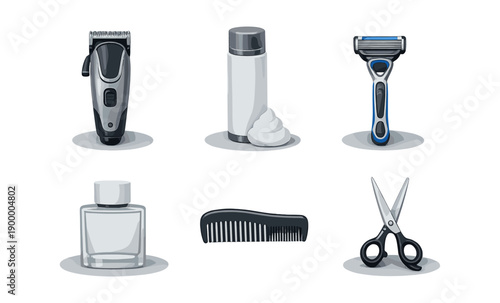 Men's grooming tools: electric razor, shaving cream, manual razor, aftershave, comb, scissors