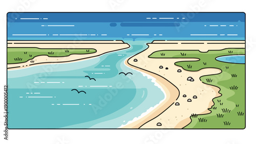 Coastal river meeting ocean minimalist artwork showcasing sandy beach, green banks, clear blue water, birds flying in blue sky, tranquil natural scene