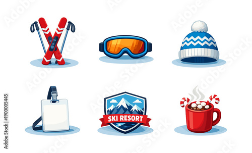 Winter sports gear: skis, goggles, beanie, ski pass, resort badge, hot cocoa