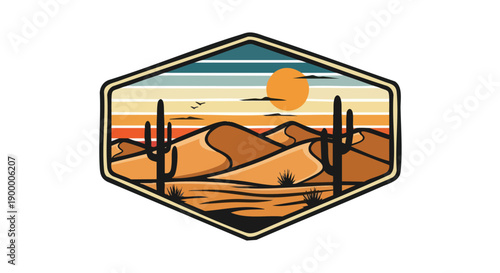 Stylized desert landscape scene featuring sand dunes and tall cacti framed within a geometric badge shape