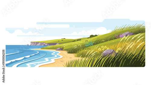 Vibrant coastal landscape with rolling green hills beside a tranquil sandy shore, featuring dynamic blue waves
