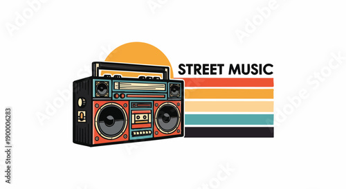 Stylized illustration featuring a portable audio player with retro horizontal stripes and a sun shape