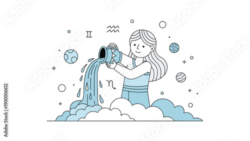 Stylized illustration of the Aquarius zodiac sign featuring a woman pouring water from a jar amidst a cosmic background with planets and stars.