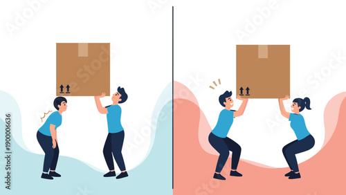 Comparison of incorrect and correct techniques for lifting a heavy cardboard box from the floor to prevent back injury and muscle pain.