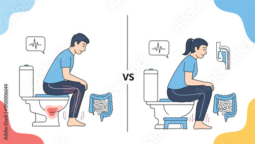 Medical illustration showing the healthy benefit of using a footstool while sitting on the toilet for better digestion and bathroom wellness.