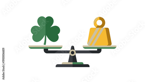 Balanced Scale with Shamrock and Gold Weight. Comparison of Luck, Wealth, and Value. Flat Vector Illustration.