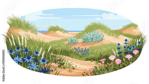 Lush coastal sand dunes bloom with colorful wildflowers under a clear sky, showcasing resilient seaside flora and serene natural beauty, an idyllic