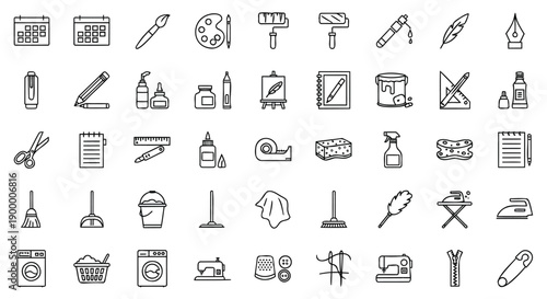 Art and Craft Supplies Icons: Paint, Brushes, Scissors, Sewing Machine, and Tools for Creative Projects