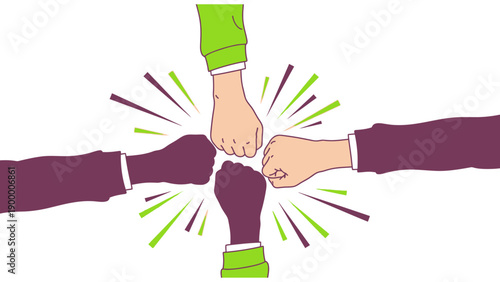 Multi-Ethnic Team Fist Bump Illustration. Diverse Hands Showcasing Collaboration, Unity, Solidarity, and Successful Partnership.