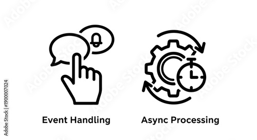 Programming icons: hand interacting with chat bubble for event handling and gears with stopwatch for async processing