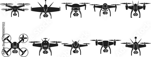 Drone icons set with quadcopter silhouettes, aerial camera technology symbols isolated on white background vector illustration design