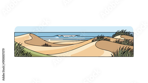 Coastal dune ecosystem graphic showing sandy hills, ocean vista with waves, abundant beach grass, clear sky Illustrates natural seaside beauty and