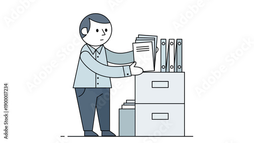 Man Organizing Documents in Filing Cabinet.