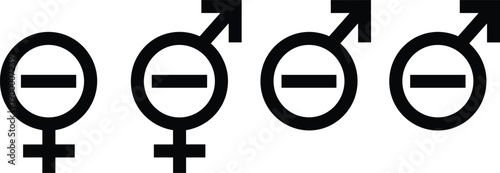 Gender equality symbols icon set, showing male female neutral signs with minus symbol isolated on white background vector design concept